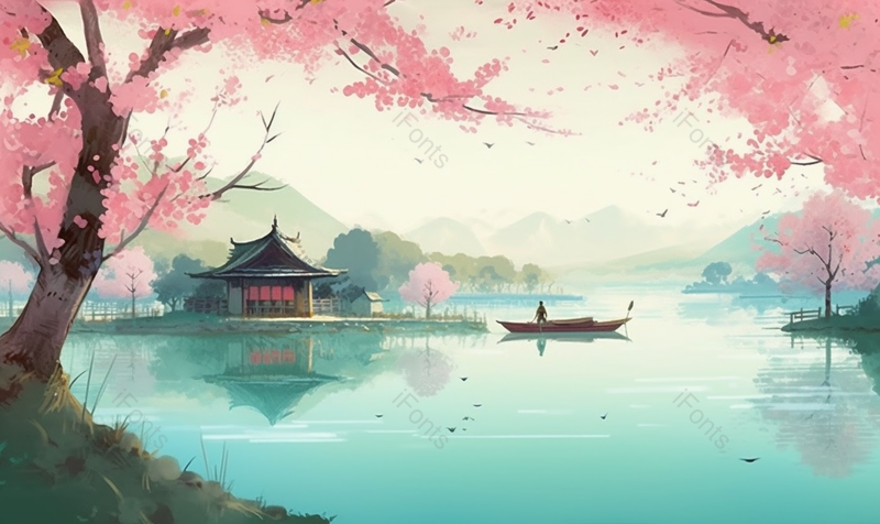 中国风山水桃林湖水美景,插画/手绘图,插画/手绘图库,插画/手绘图下载,插画/手绘
